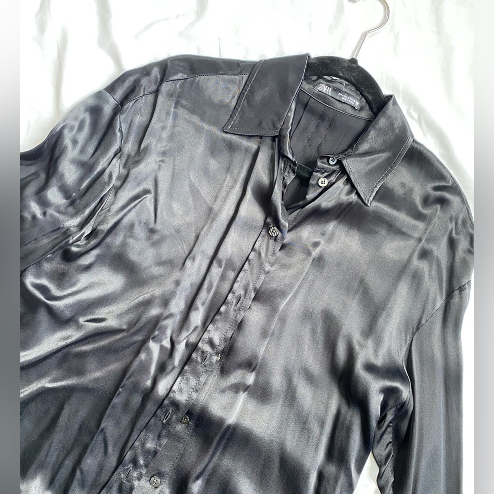 Zara Oversized Satin Button-Down Long Sleeve Shirt Black Size S